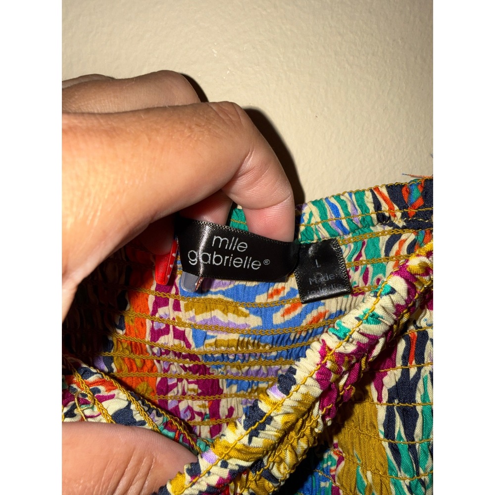 Women Boho Multi Color Floral Paisley Smock Tiered Midi Dress L Resort Festival - Picture 4 of 5